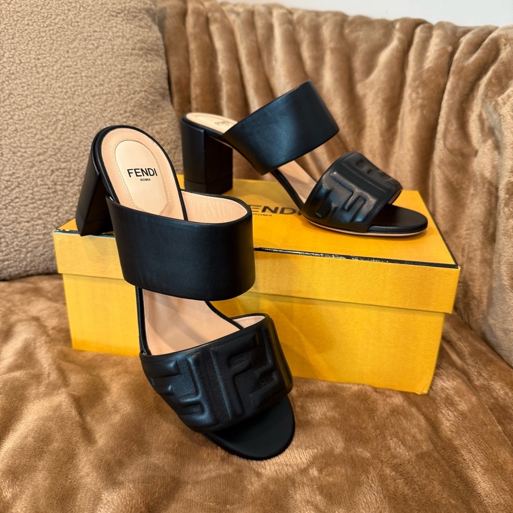 Fendi Zucca FF Logo Leather Black Block Heel Sandals